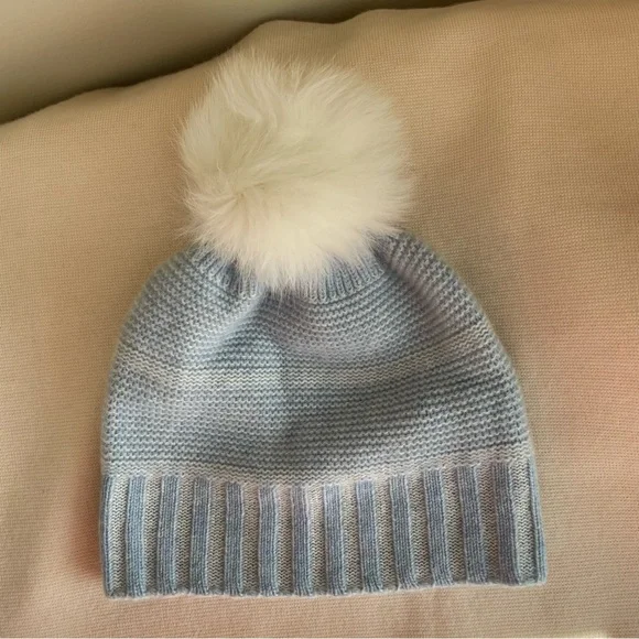 Forte Cashmere 100% Cashmere Knit Beanie w/ Real Fox Fur Pom  display picture 3